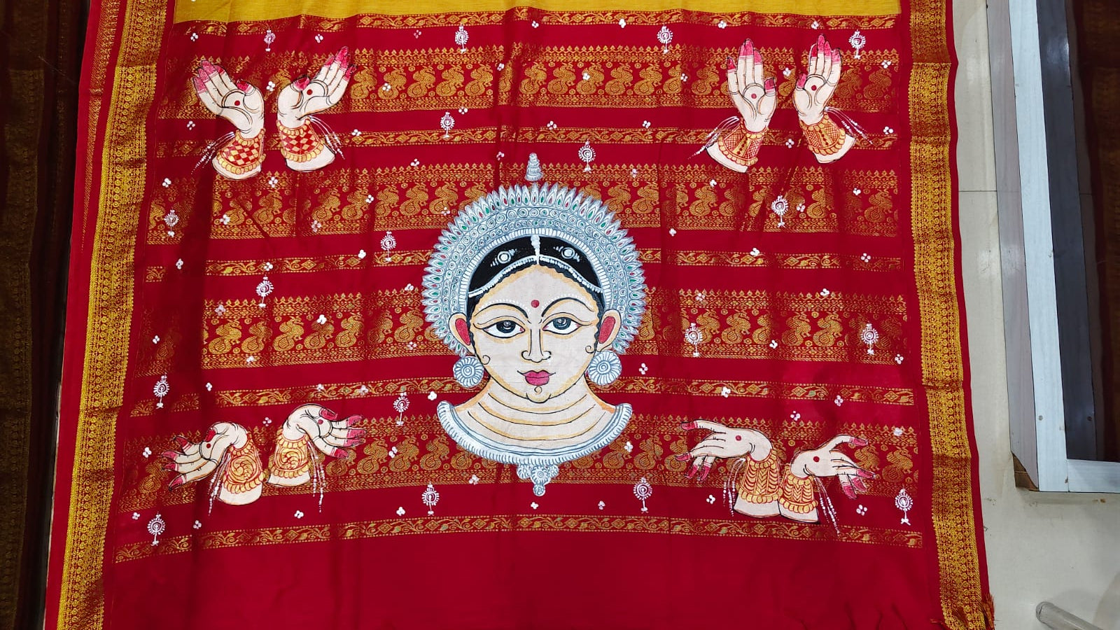 Yellow Red Odishi Face And Mudra Theme Pattachitra South Cotton Saree