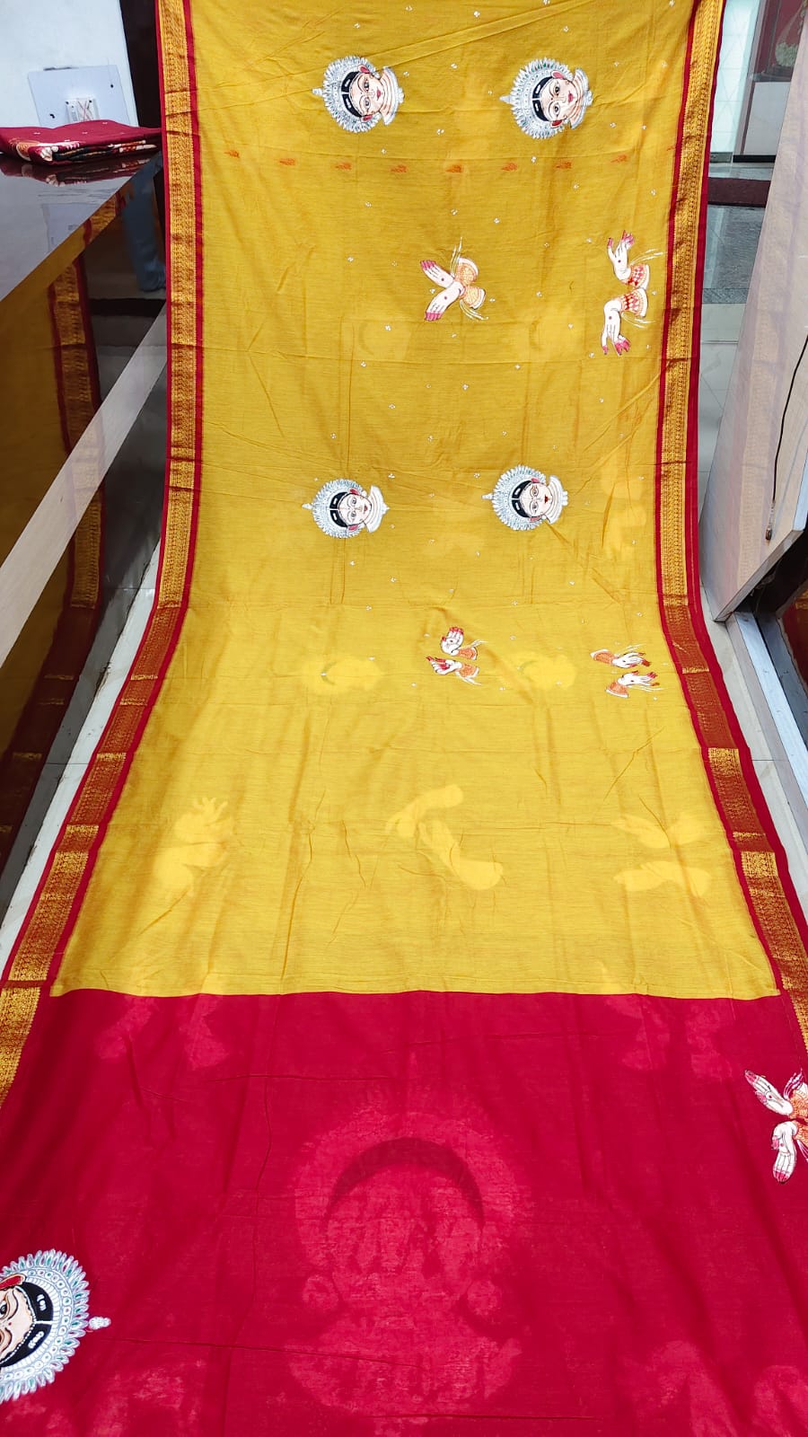 Yellow Red Odishi Face And Mudra Theme Pattachitra South Cotton Saree