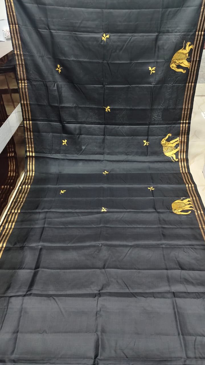 Black Kandarp Hasti Theme Pattachitra Kanjeeveram Silk Saree
