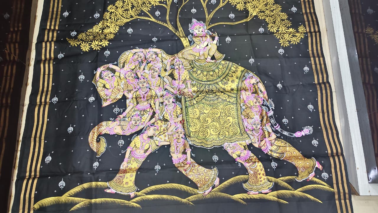 Black Kandarp Hasti Theme Pattachitra Kanjeeveram Silk Saree