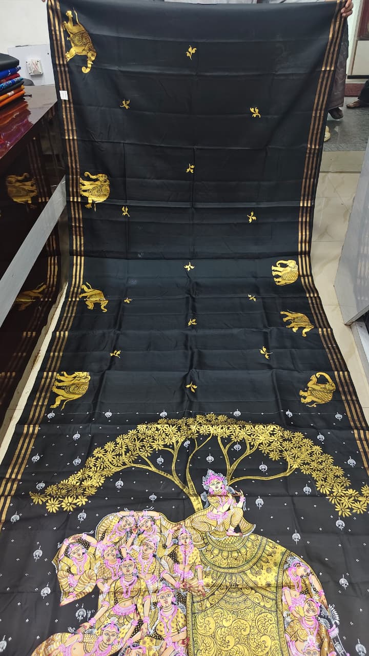 Black Kandarp Hasti Theme Pattachitra Kanjeeveram Silk Saree