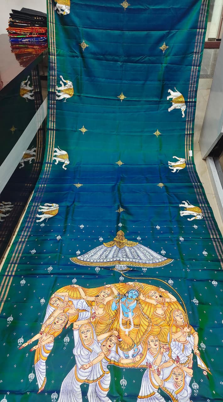 Teal Green Kandarp Hasti Theme Pattachitra Kanjeeveram Silk Saree