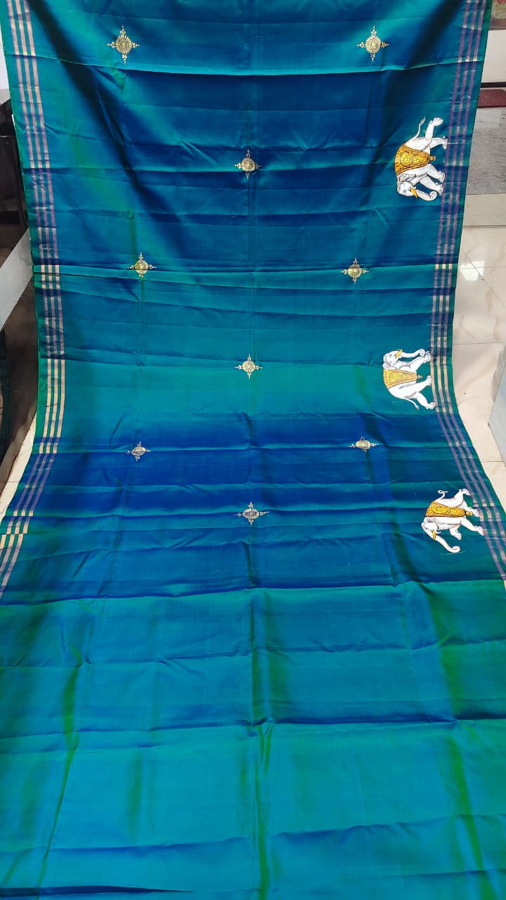 Teal Green Kandarp Hasti Theme Pattachitra Kanjeeveram Silk Saree