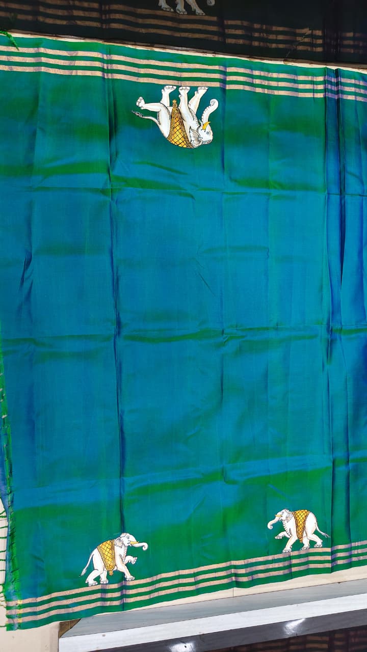 Teal Green Kandarp Hasti Theme Pattachitra Kanjeeveram Silk Saree