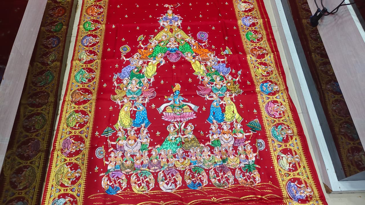 Red Kandarp Ratha Theme Pattachitra Kanjeeveram Silk Saree