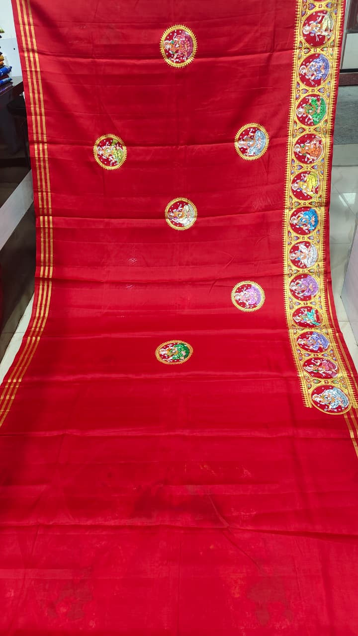 Red Kandarp Ratha Theme Pattachitra Kanjeeveram Silk Saree