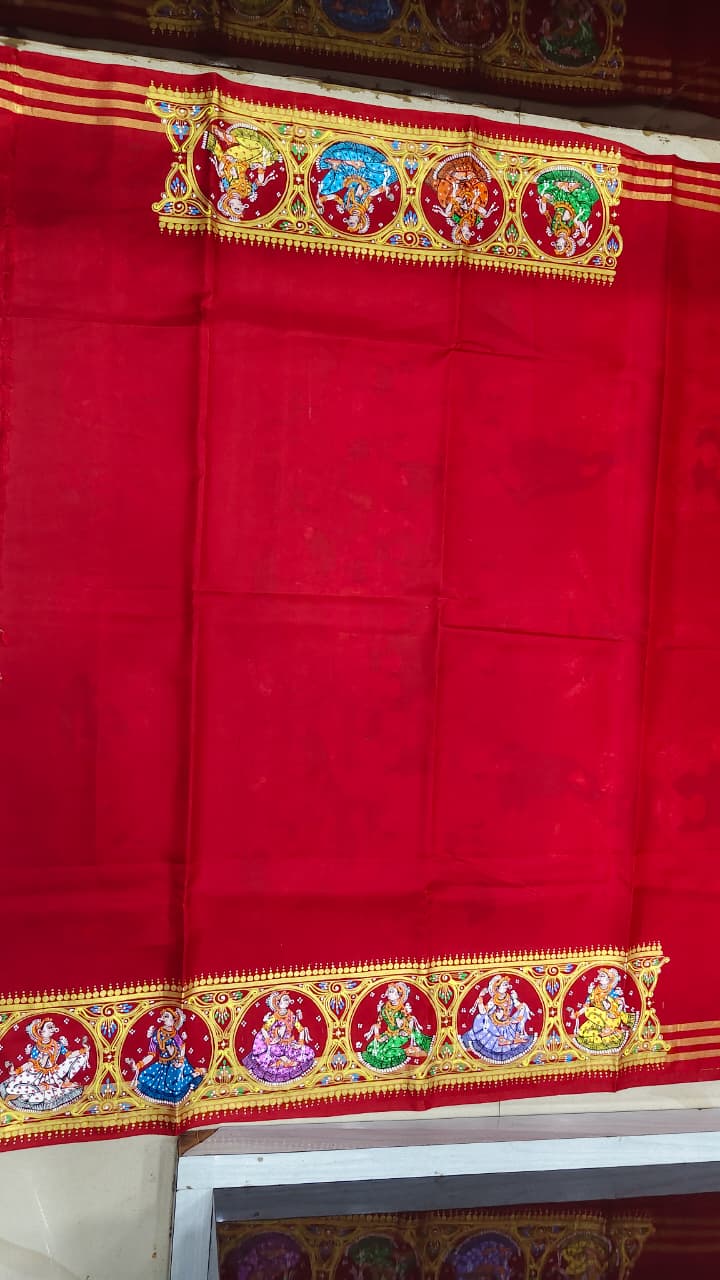 Red Kandarp Ratha Theme Pattachitra Kanjeeveram Silk Saree