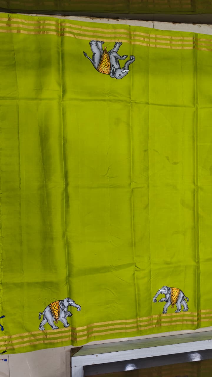 Neon Green Kandarp Hasti Theme Pattachitra Kanjeeveram Silk Saree