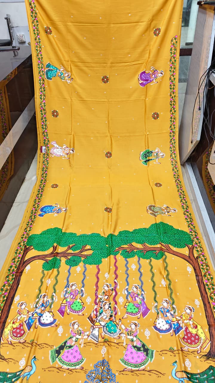 Yellow Raja Doli Theme Pattachitra Khadi Silk Saree