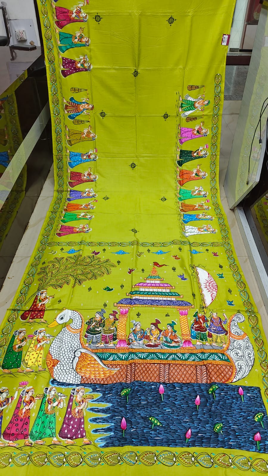 Neon Green Boita Bandan Theme Pattachitra Khadi Silk Saree