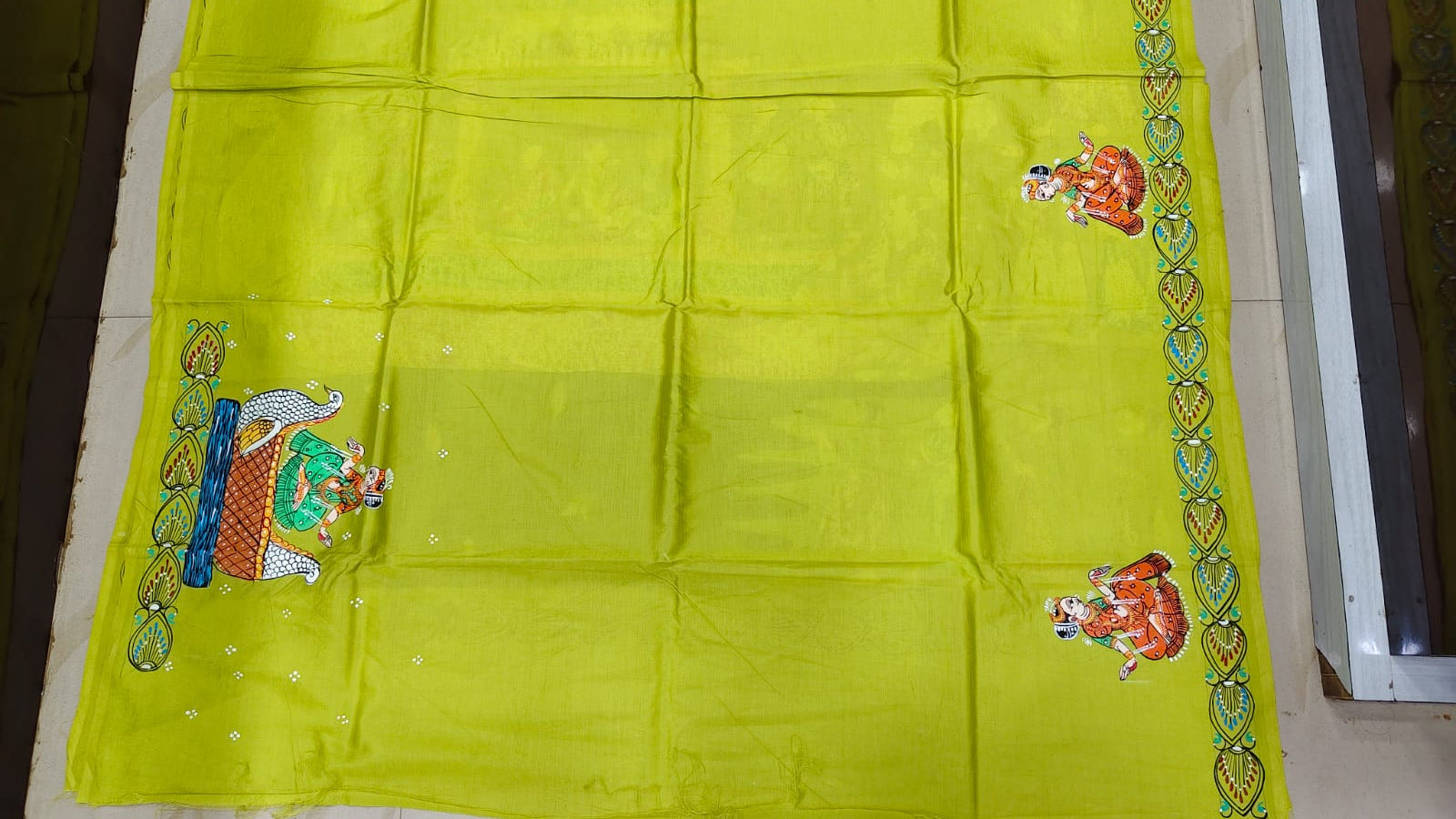 Neon Green Boita Bandan Theme Pattachitra Khadi Silk Saree