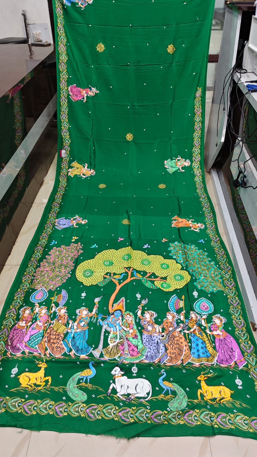 Green Radha Krishna Rasa Theme Pattachitra Khadi Silk Saree