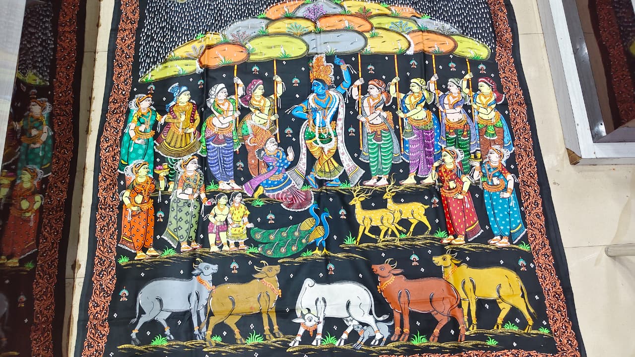 Black Giri Govardhan Theme Pattachitra Khadi Silk Saree