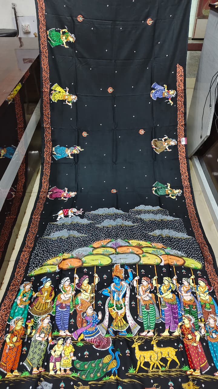 Black Giri Govardhan Theme Pattachitra Khadi Silk Saree