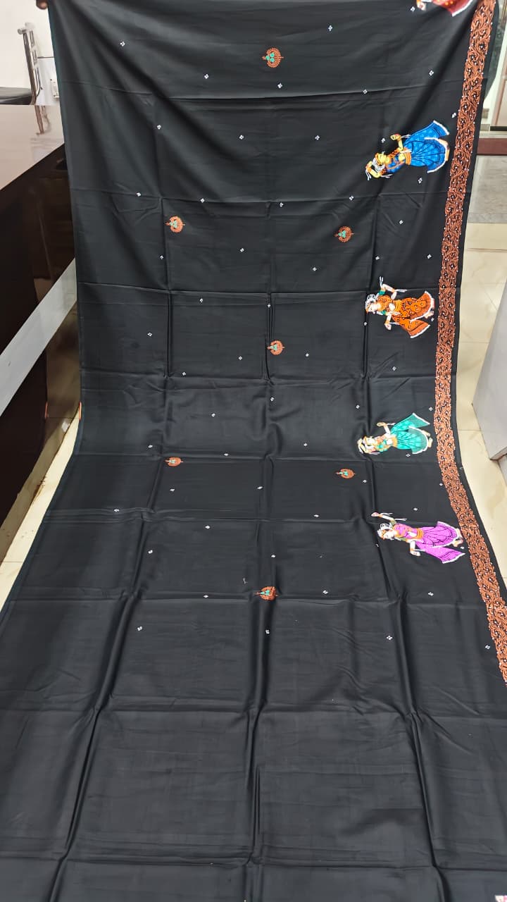 Black Giri Govardhan Theme Pattachitra Khadi Silk Saree