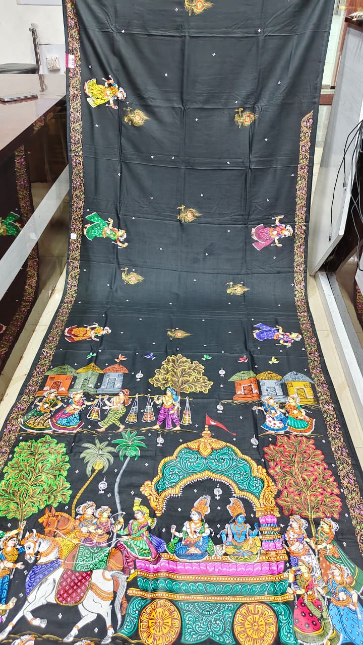 Black Mathura Vijay Theme Pattachitra Khadi Silk Saree