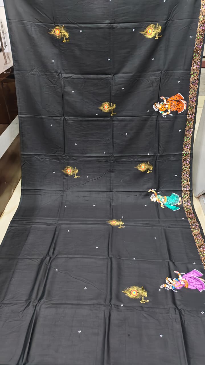 Black Mathura Vijay Theme Pattachitra Khadi Silk Saree