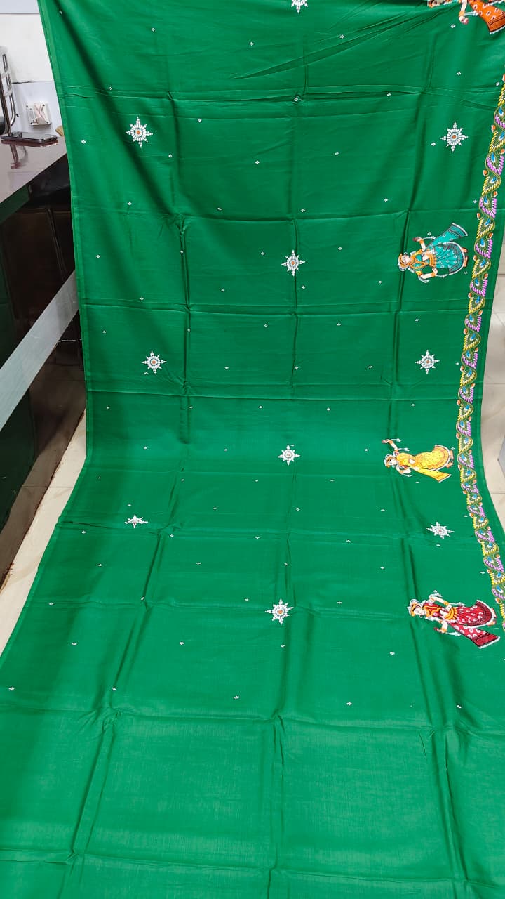 Green Bata Savitri Theme Pattachitra Khadi Silk Saree