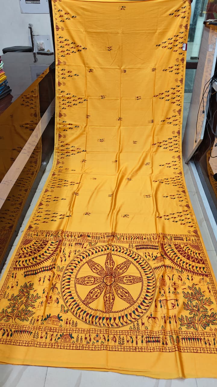 Mustard Yellow Tribal Konark Chakra Theme Pattachitra Khadi Silk Saree