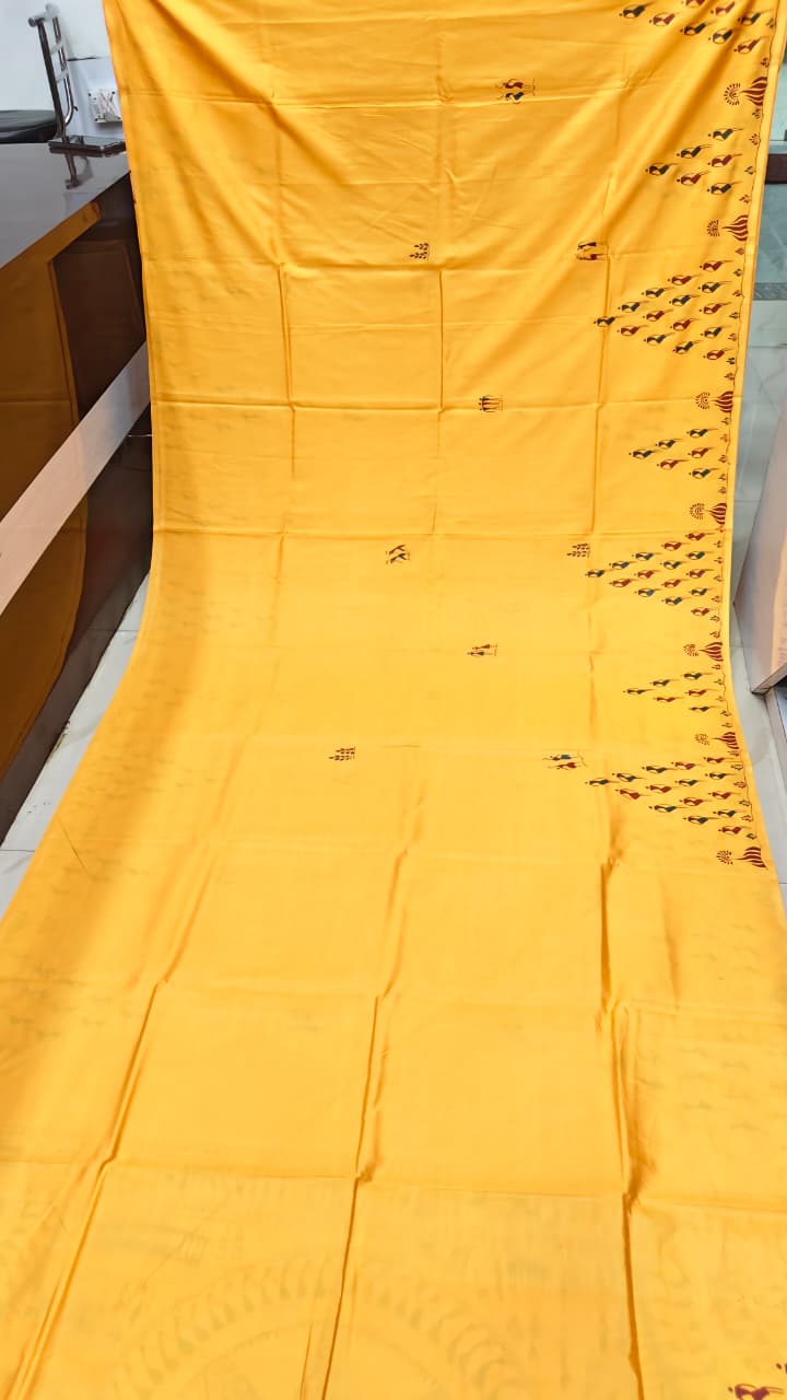 Mustard Yellow Tribal Konark Chakra Theme Pattachitra Khadi Silk Saree