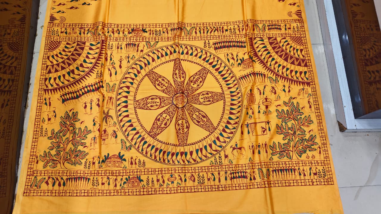 Mustard Yellow Tribal Konark Chakra Theme Pattachitra Khadi Silk Saree