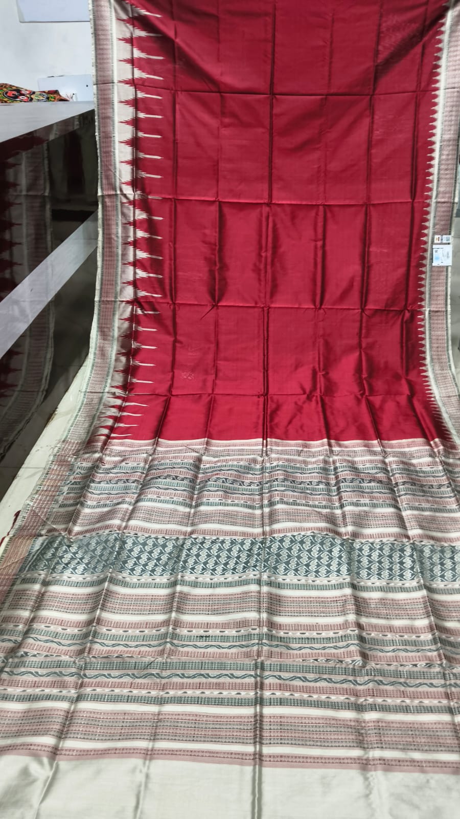Maroon Off White Aqua Dash Phulia Border Bomkai Silk Saree