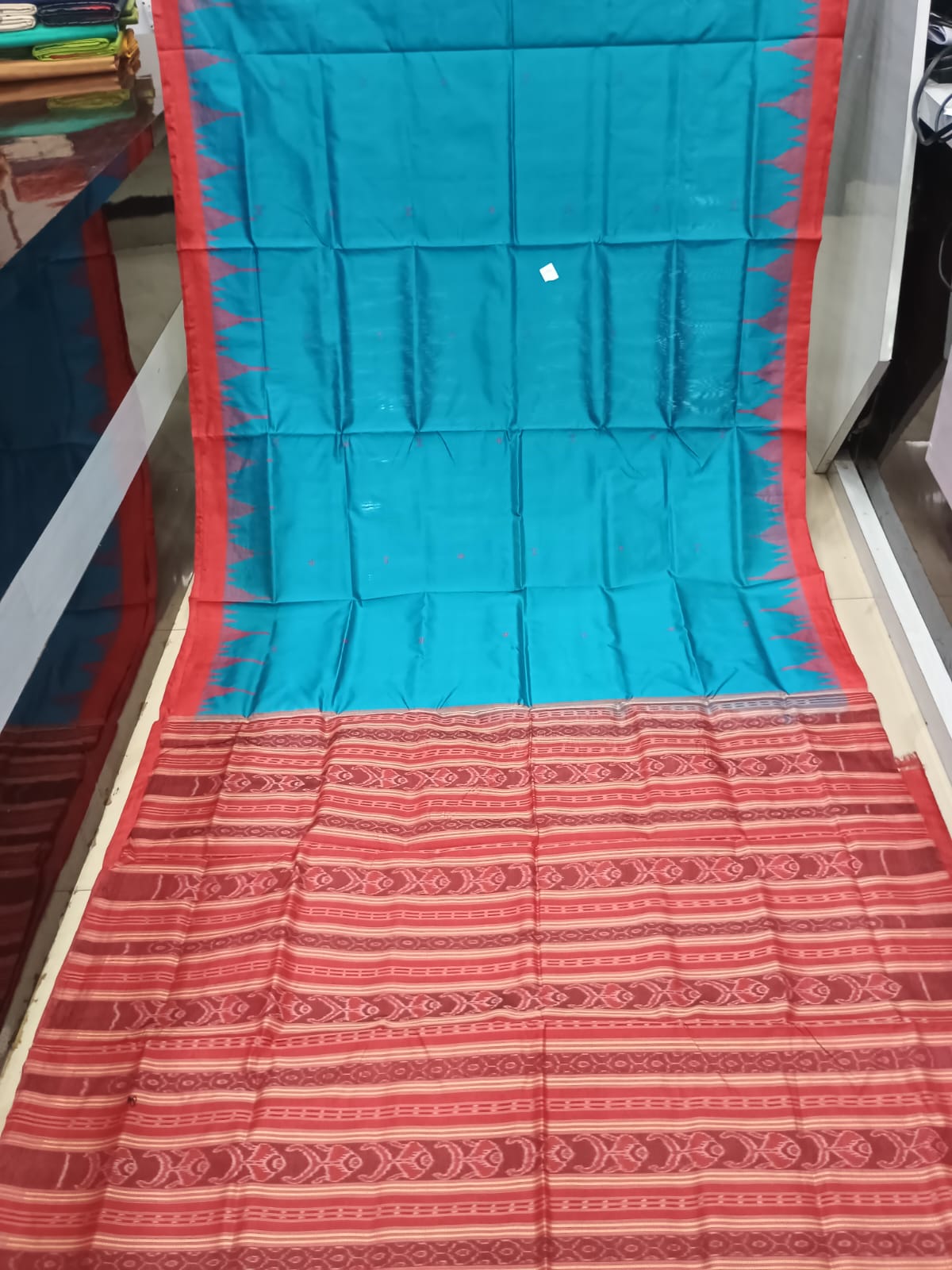 Turquoise Blue and Brick Red Phoda Kumbha Tussar Silk Saree