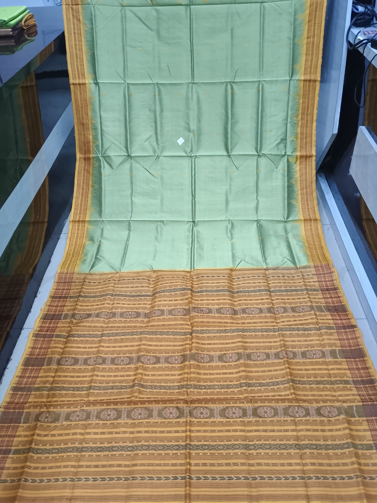 Olive Green and Mustard Yellow Sambalpuri Phoda Kumbha Tussar Silk Saree