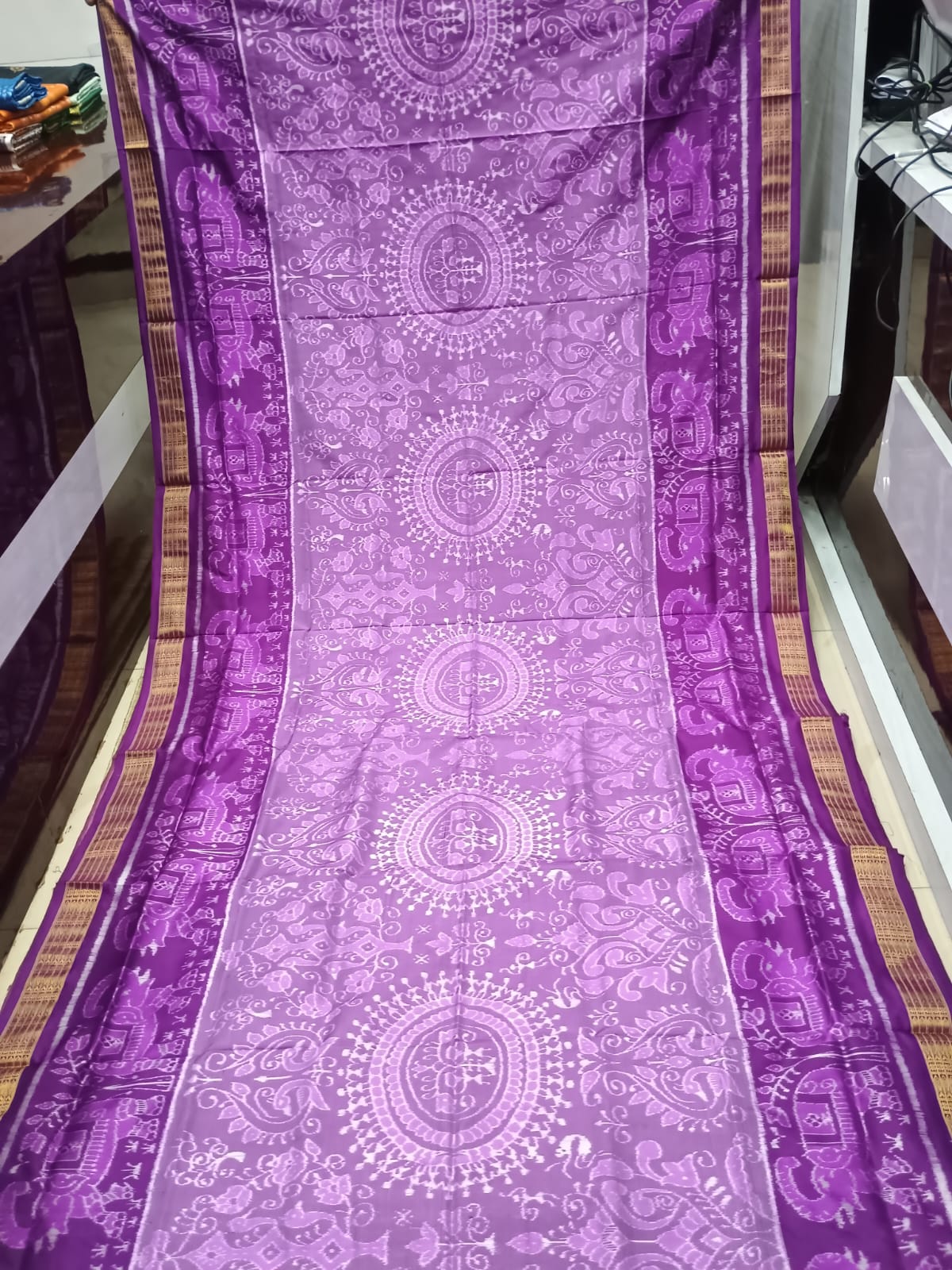 Light Purple Dark Purple Round Tribal Design Sambalpuri Half Tissue Silk Saree