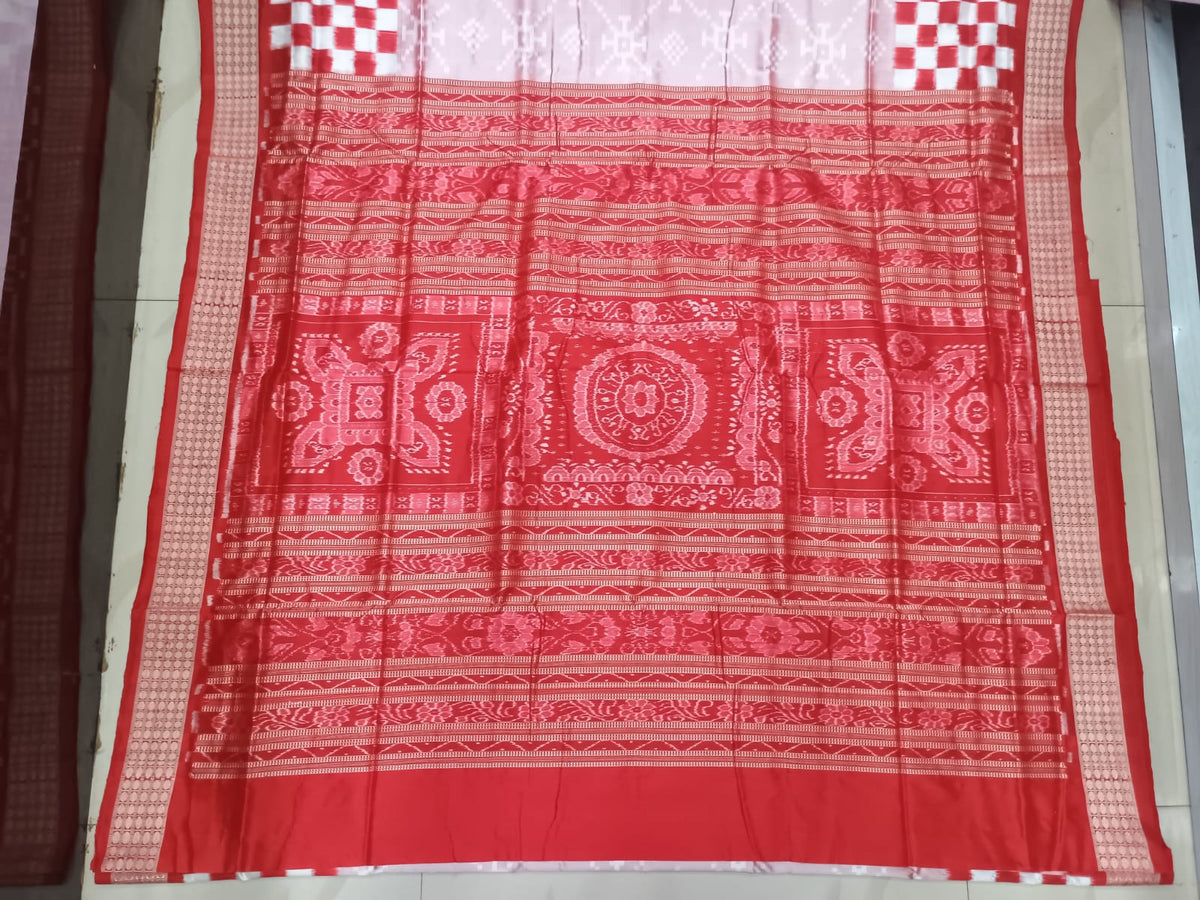 Peach Pink Red Scot Pasapali Design Sambalpuri Silk Saree