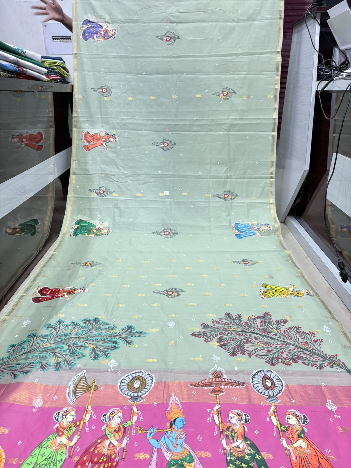 Pastel Green & Rani Pink Krishna Nauka Vihar Theme Hand-Painted Pattachitra Cotton Saree