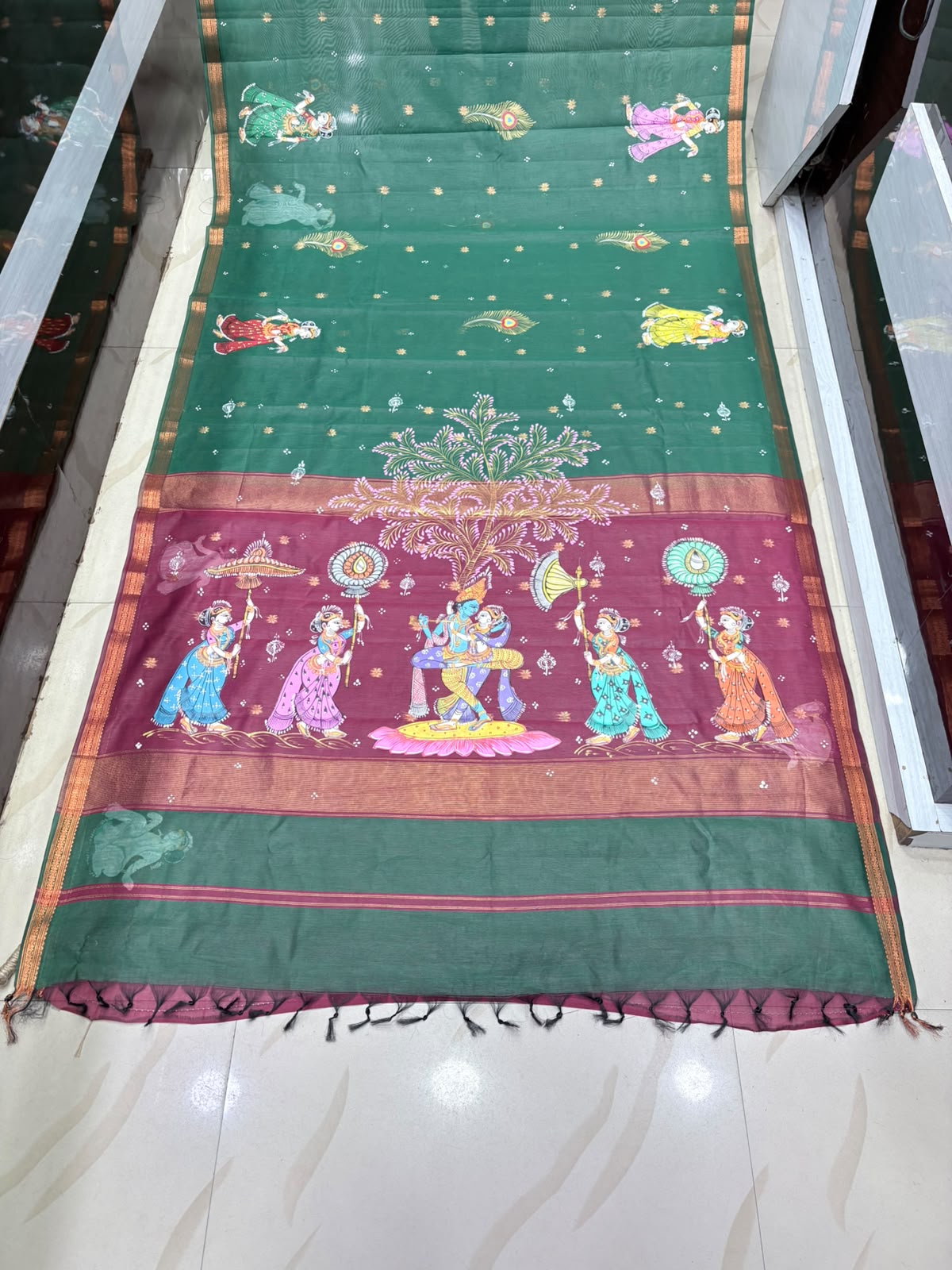Bottle Green & Wine Maroon Radha Krishna Rassa Theme Hand-Painted Pattachitra Cotton Saree
