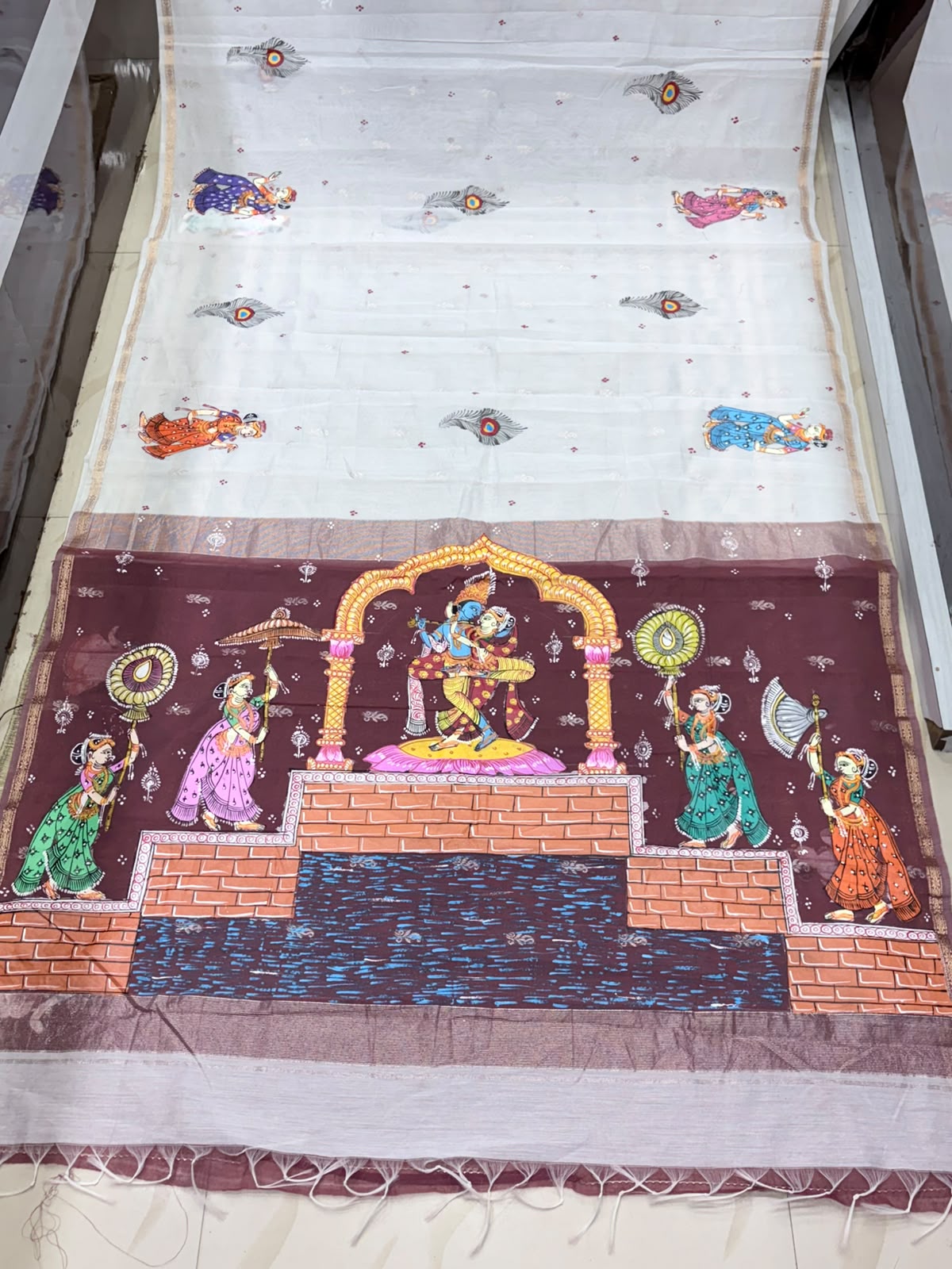 Off-White & Coffee Maroon Radha Krishna Mandapa Theme Hand-Painted Pattachitra South Cotton saree