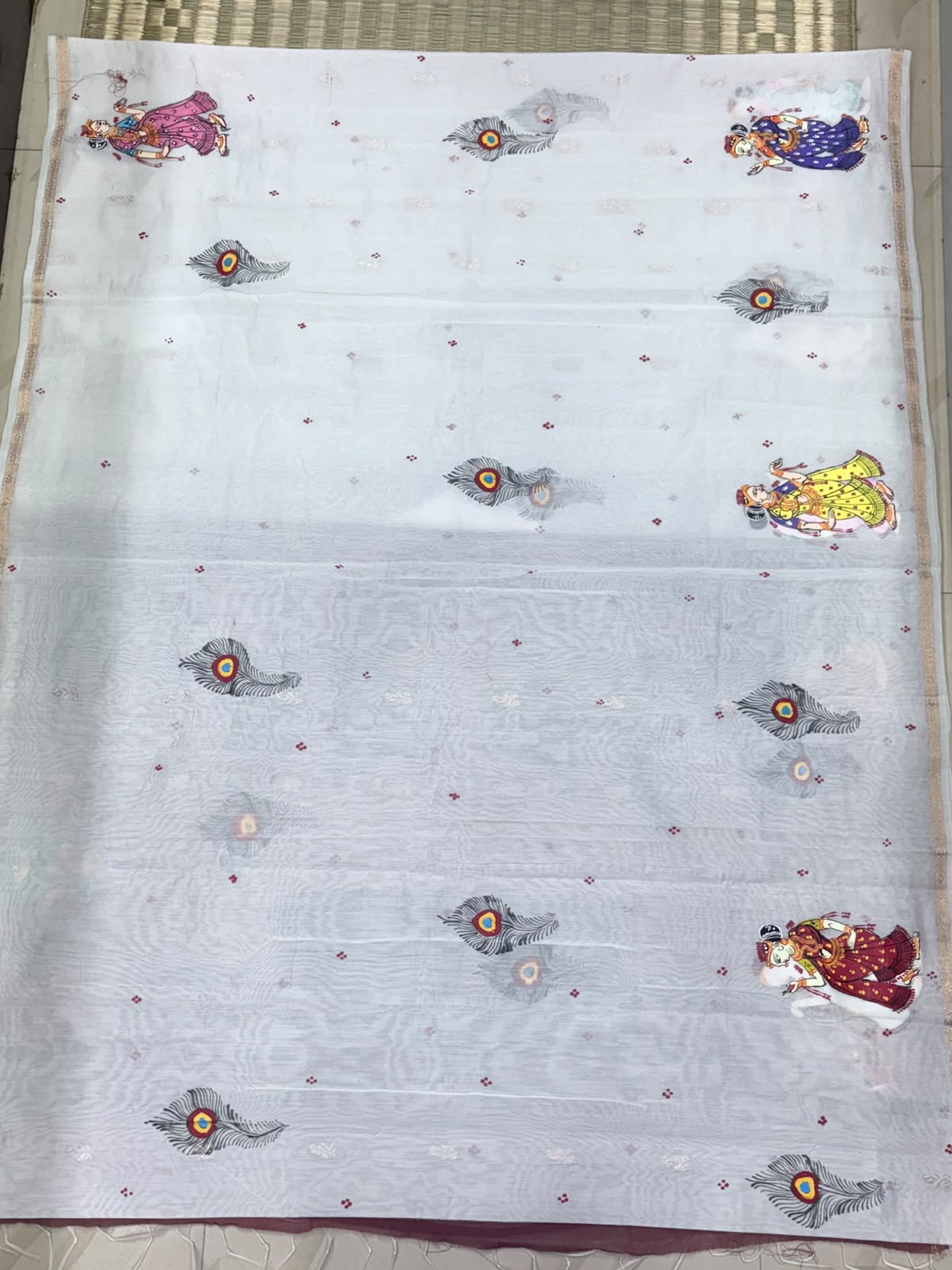 Off-White & Coffee Maroon Radha Krishna Mandapa Theme Hand-Painted Pattachitra South Cotton saree