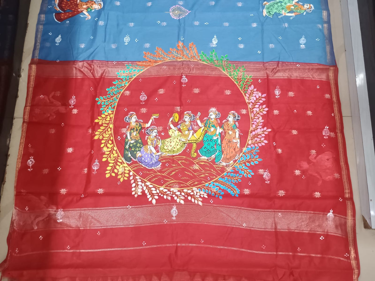 Sky Blue & Crimson Red Krishna Raas Leela Theme Hand-Painted Pattachitra South Cotton Saree
