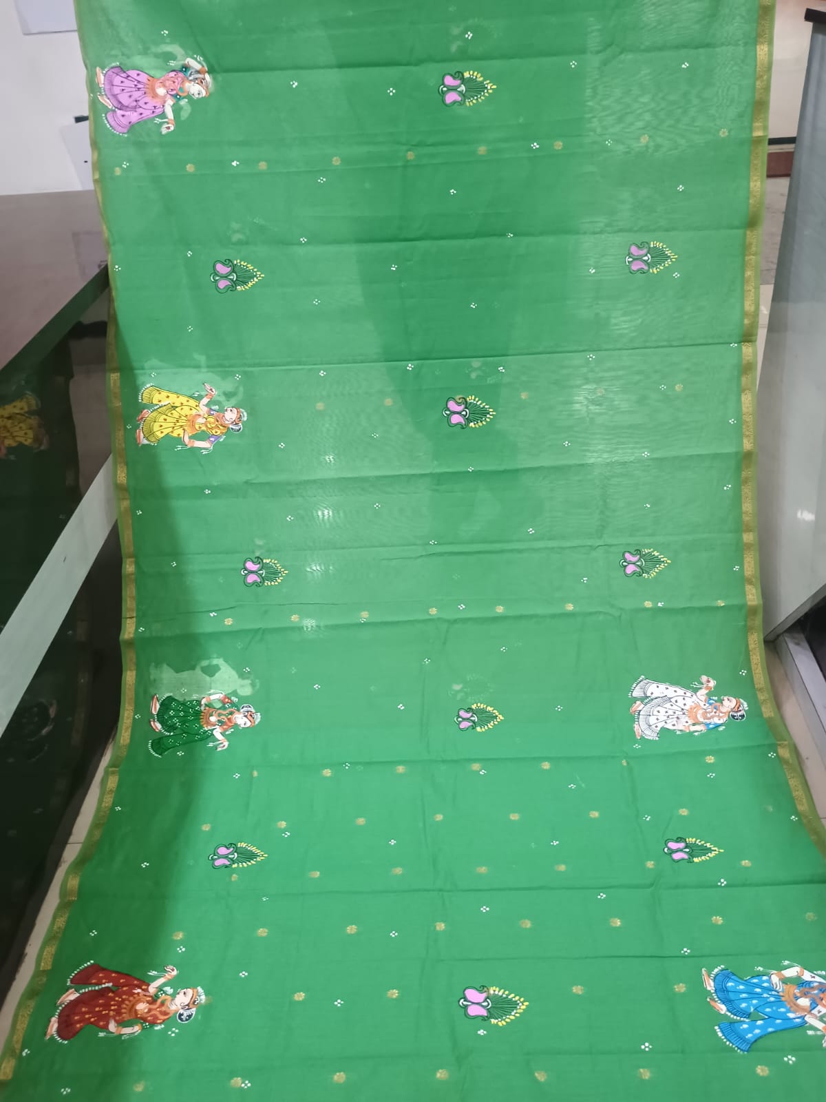 Leaf Green & Coral Red Ghoda Nacha Folk Theme Hand-Painted Pattachitra South Cotton Saree