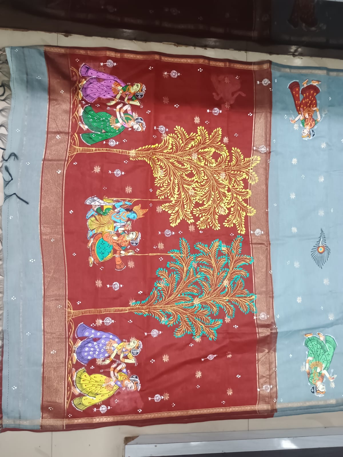 Powder Blue & Maroon Krishna Raja Doli Theme Hand-Painted Pattachitra South Cotton Saree