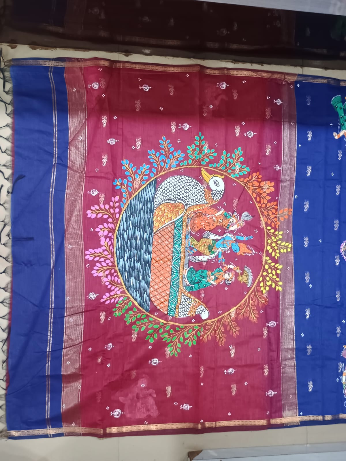 Royal Blue & Crimson Red Krishna Nauka Vihar Theme Hand-Painted Pattachitra South Cotton Saree