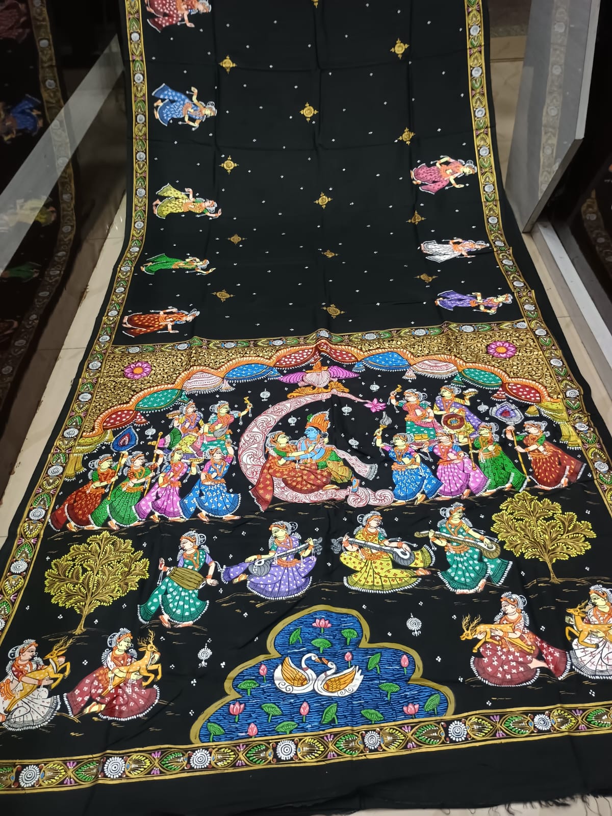 Black Radha Krishna Chandra Rasa Theme Hand-Painted Pattachitra Khadi Silk Saree