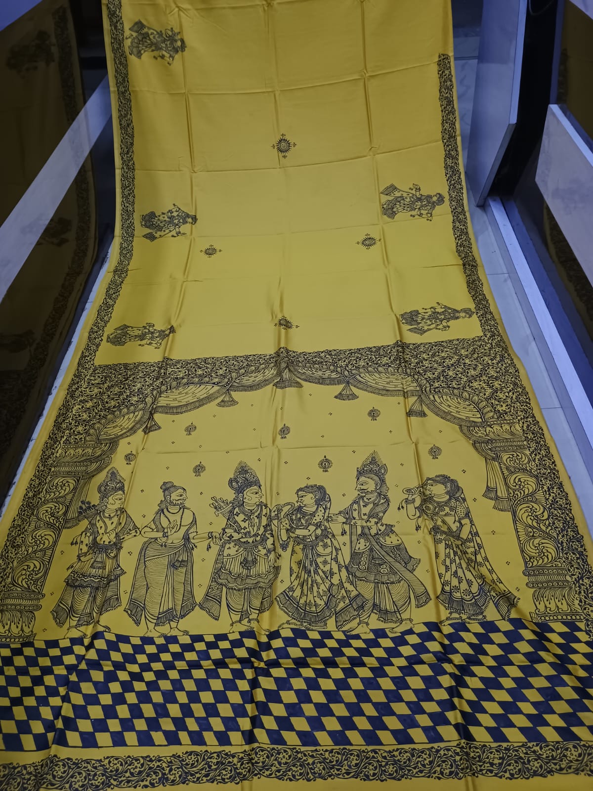 Bright Yellow Hand-Painted Pattachitra Khadi silk Saree – Ramayana Sita Swayamvar & Royal Court Theme
