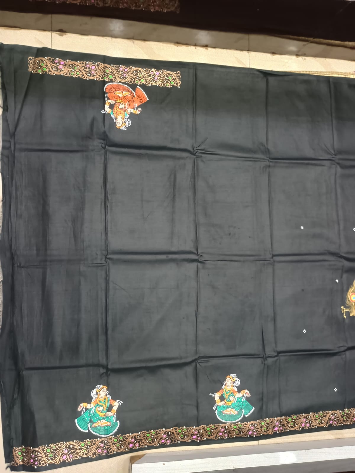 Midnight Black Hand-Painted Pattachitra khadi silk Saree – Ramayana Ram Rajya & Royal Chariot Return Theme
