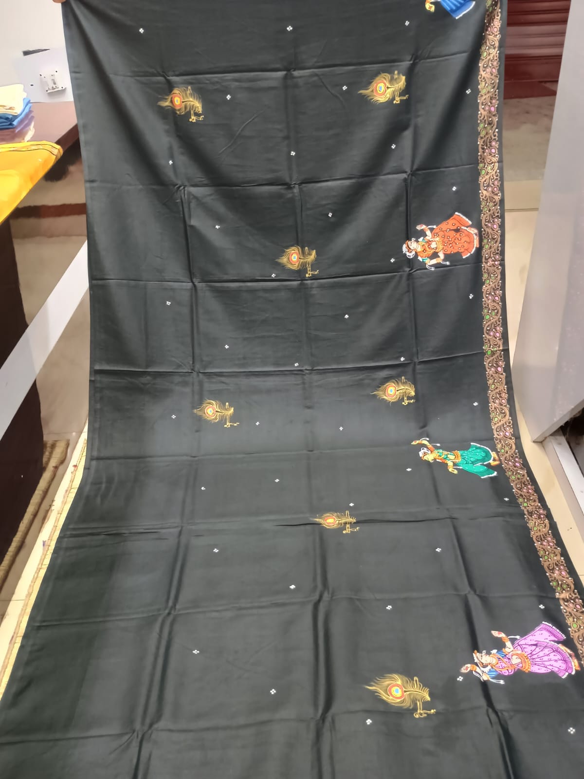 Midnight Black Hand-Painted Pattachitra khadi silk Saree – Ramayana Ram Rajya & Royal Chariot Return Theme