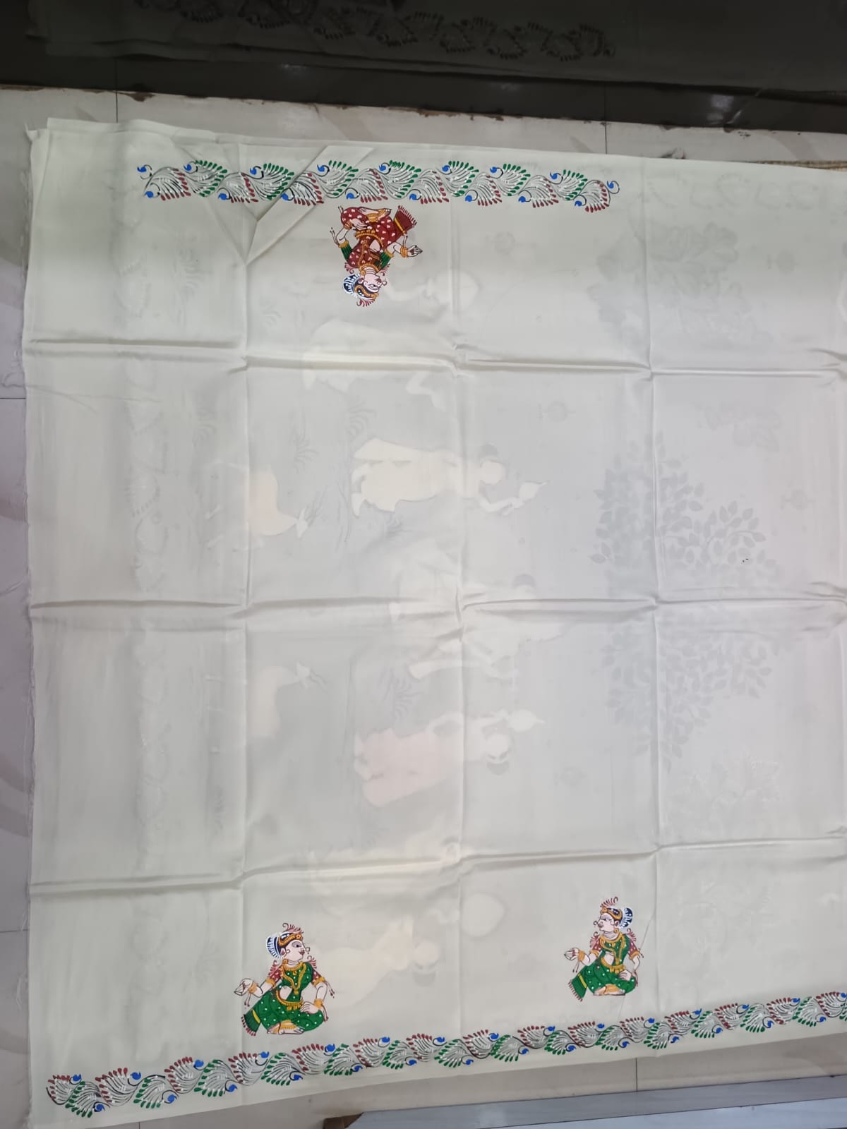 Off-White Cream Radha Krishna Raas Leela Hand-Painted Pattachitra Khadi Silk Saree.