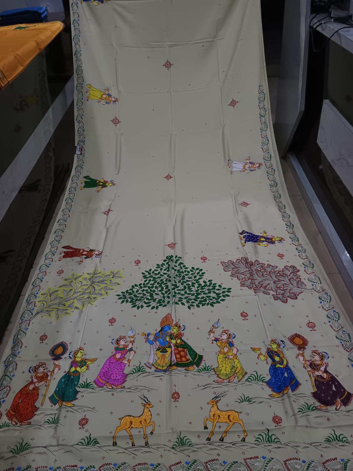 Off-White Cream Radha Krishna Raas Leela Hand-Painted Pattachitra Khadi Silk Saree.