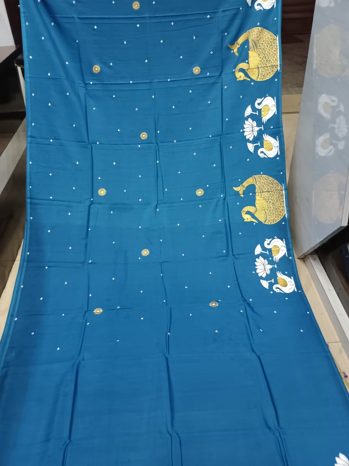 Teal Blue Boita Bandana Theme Hand-Painted Pattachitra Khadi Silk Saree.