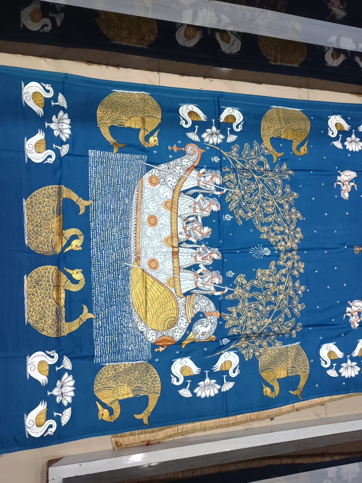 Teal Blue Boita Bandana Theme Hand-Painted Pattachitra Khadi Silk Saree.