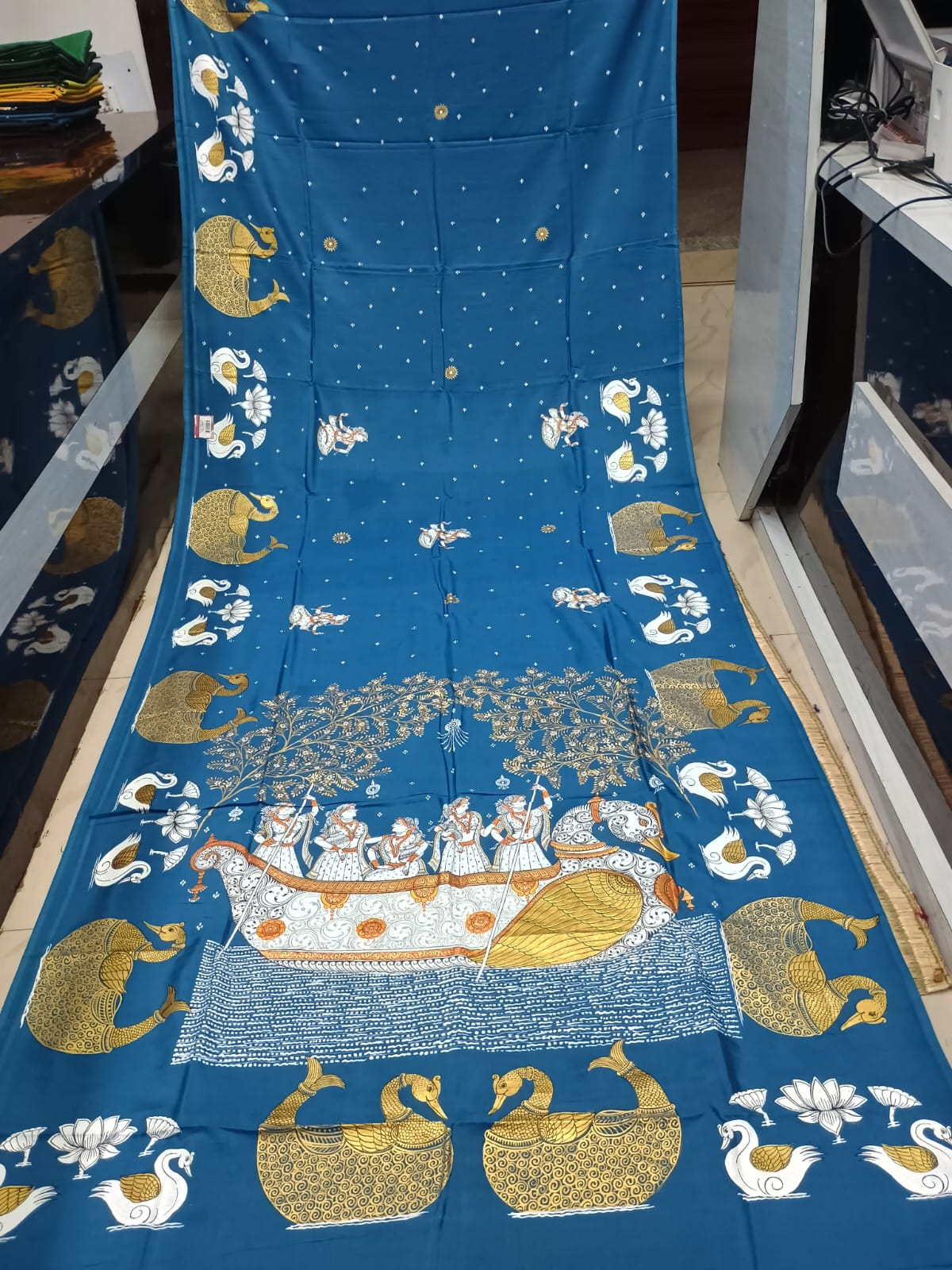 Teal Blue Boita Bandana Theme Hand-Painted Pattachitra Khadi Silk Saree.