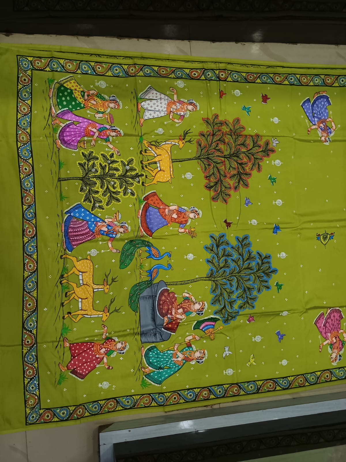 Yellow Mehendi Green Raja Doli Theme Hand-Painted Khadi Silk Pattachitra Saree.