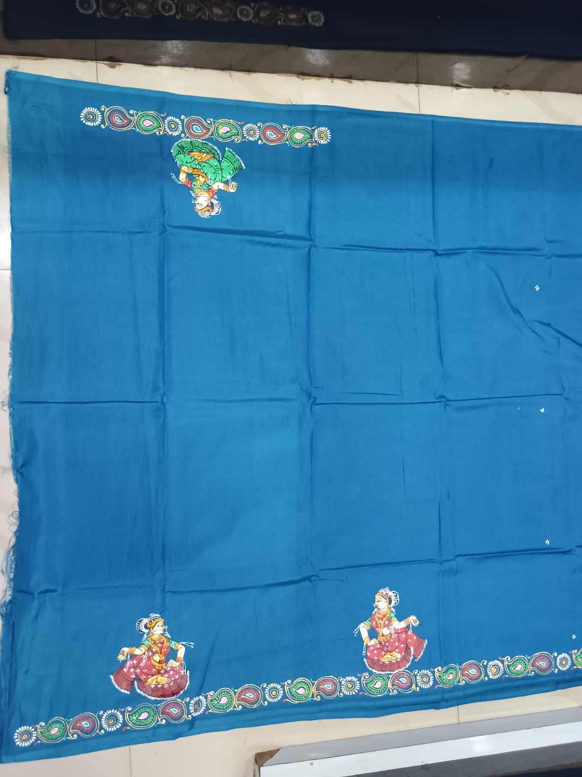 Ink Blue Hand-Painted Pattachitra Khadi silk Saree – Sri Krishna Govardhan Leela & Surabhi Cows Theme