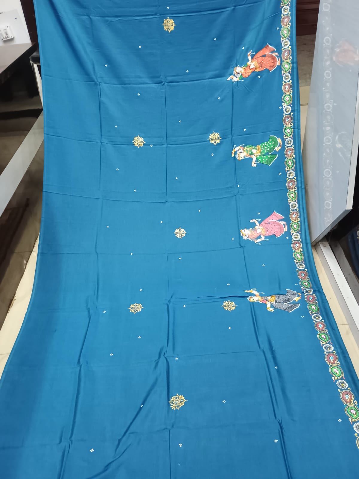 Ink Blue Hand-Painted Pattachitra Khadi silk Saree – Sri Krishna Govardhan Leela & Surabhi Cows Theme
